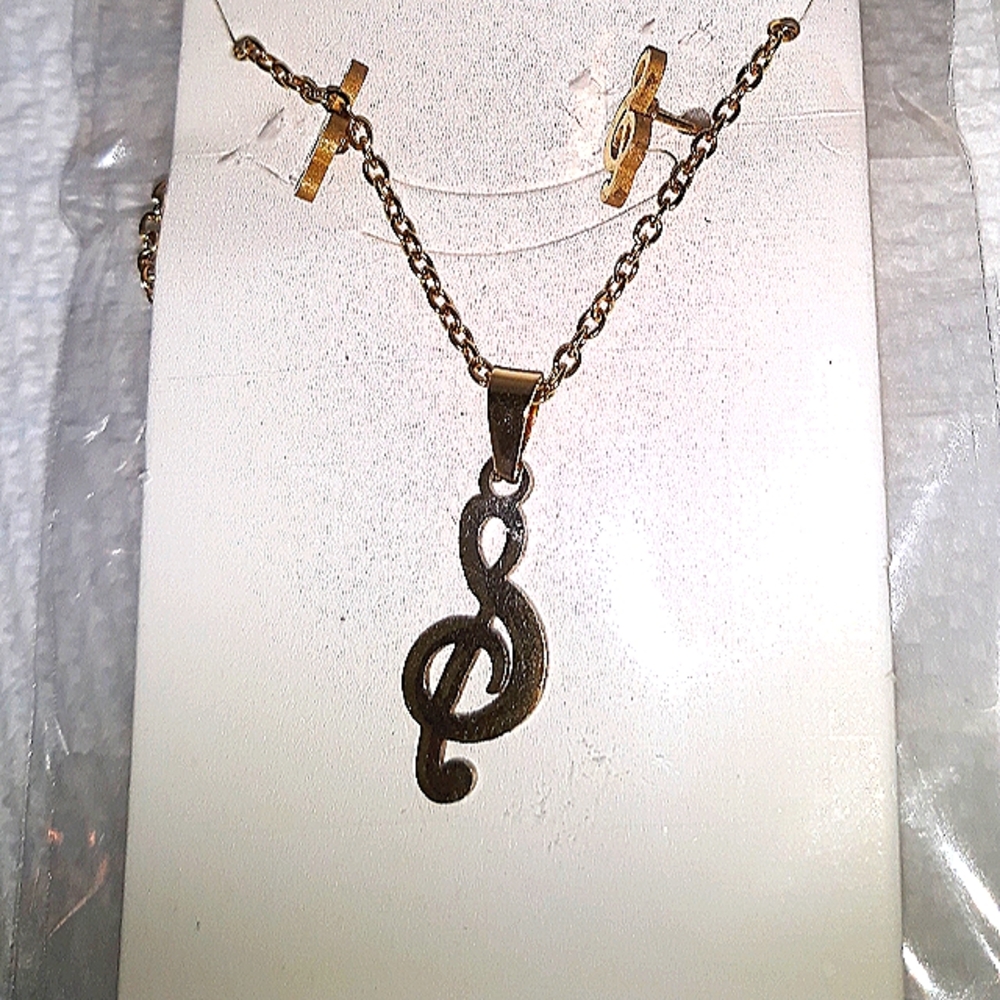 Minimalist Musical Note Necklace Earrings Set Gold Pl over Jewelry Stainless NEW